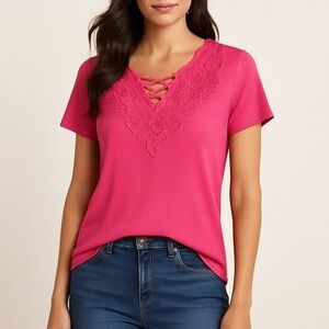 Anneliese Hot Pink Lace Embroidered Short Sleeve Top Size S